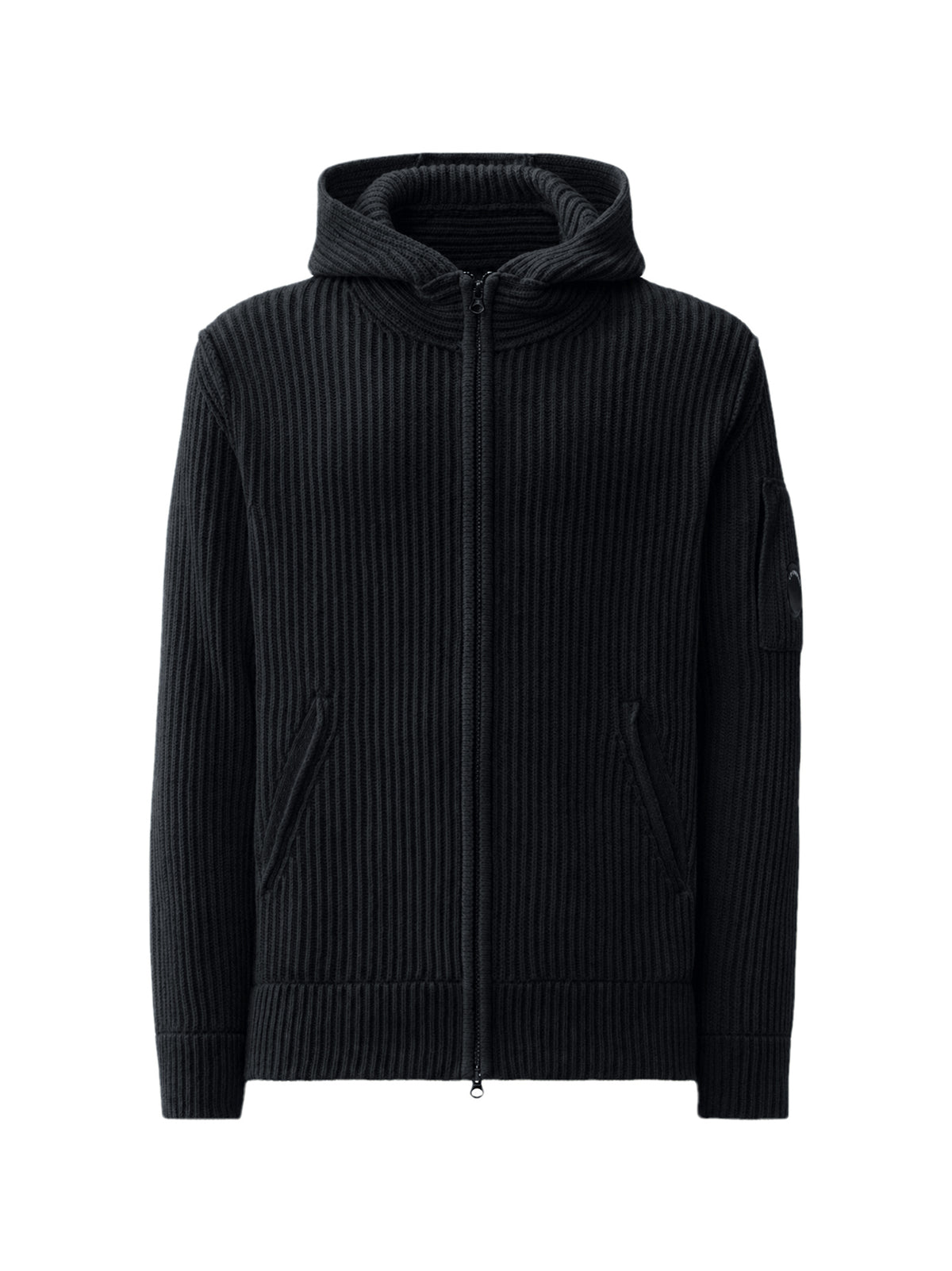 Cp Company Maglione Con Cappuccio In Lana D Agnello Con Zip E Lente Nero-1