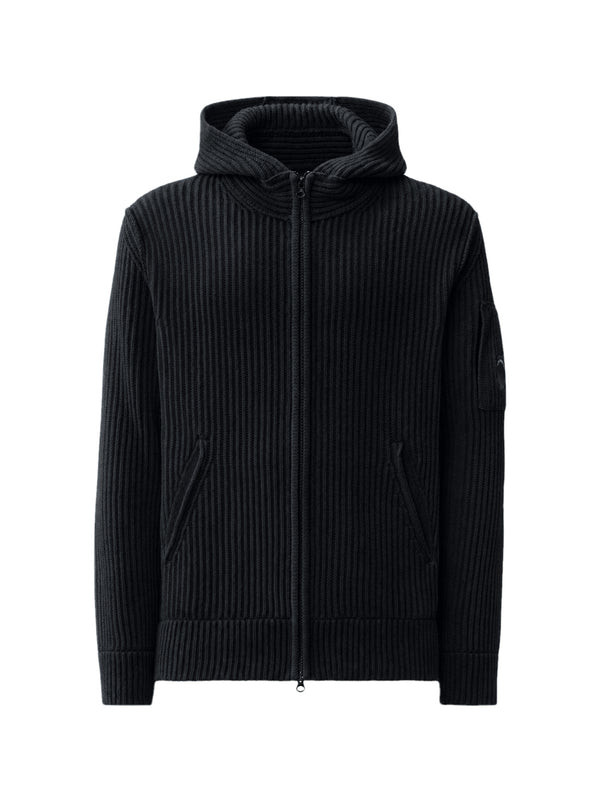 Cp Company Maglione Con Cappuccio In Lana D Agnello Con Zip E Lente Nero
