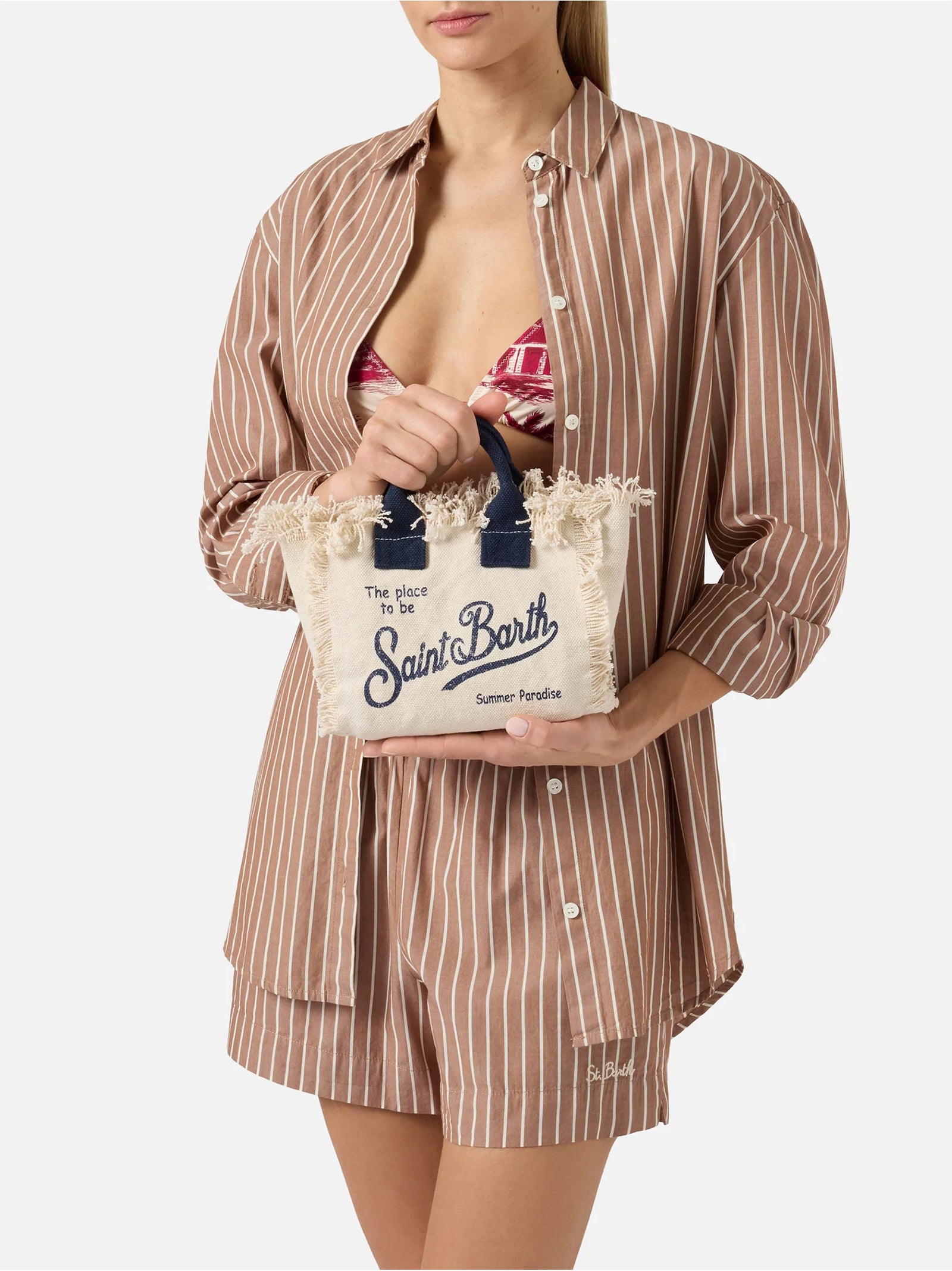 Saint Barth Borsa Vanity Mini In Canvas Bianca Con Dettagli Blu-2