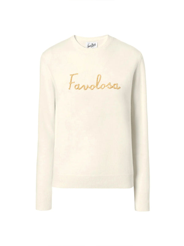 Saint Barth Maglione New Queen In Misto Cashmere Bianco Con Ricamo Lurex Favolosa