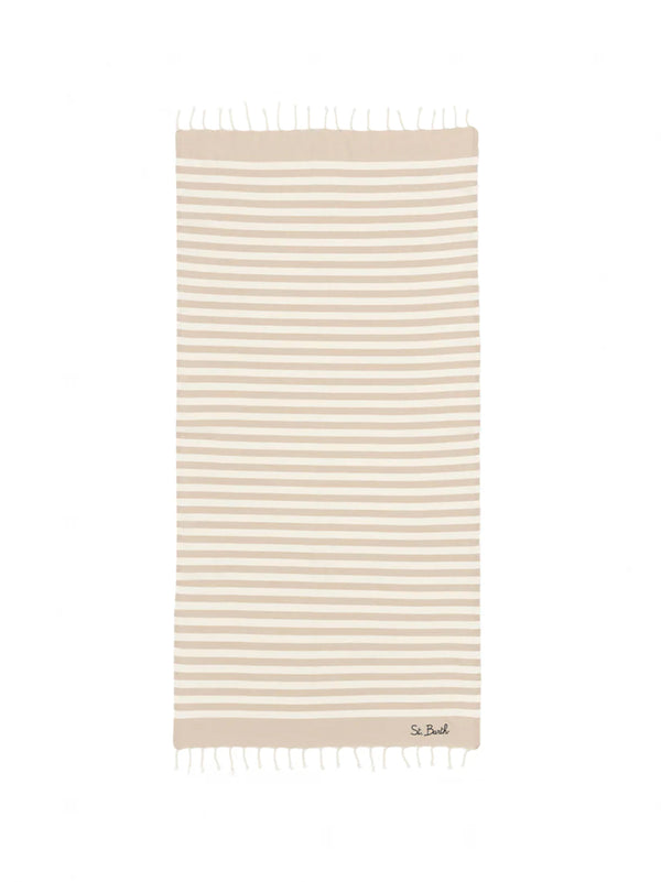 Telo Mare In Cotone Fouta Con Stampa A Righe Beige