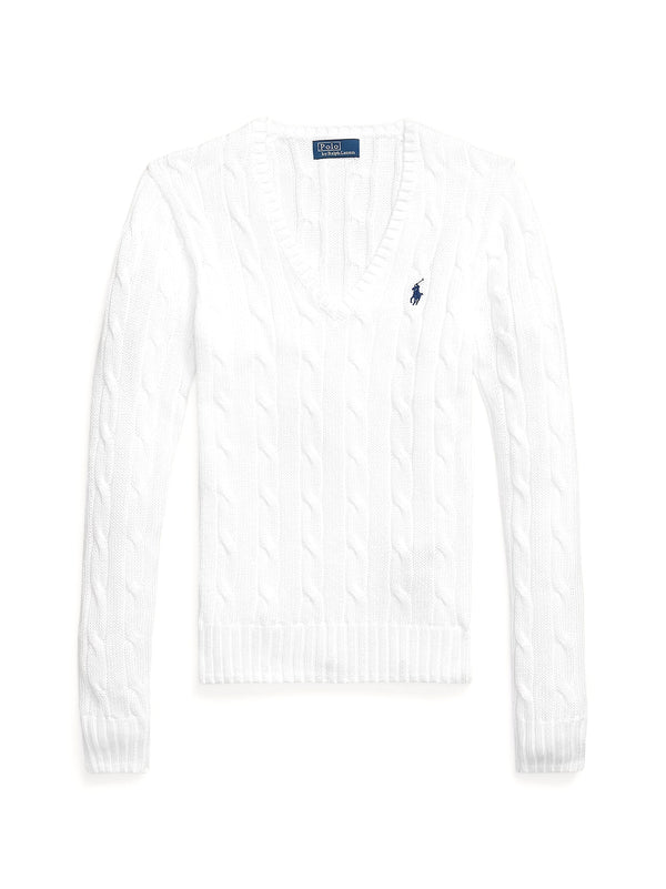 Maglia In Cotone A Trecce Con Scollo A V Bianca