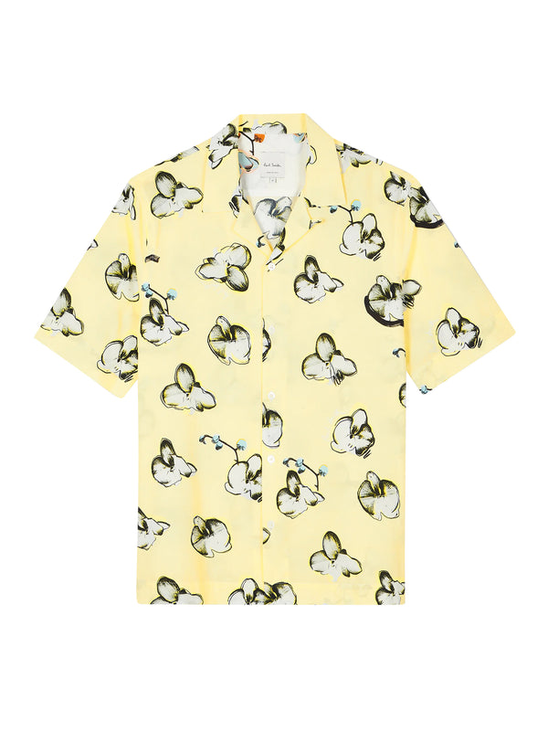 Short-sleeved shirt in viscose blend with orchid print