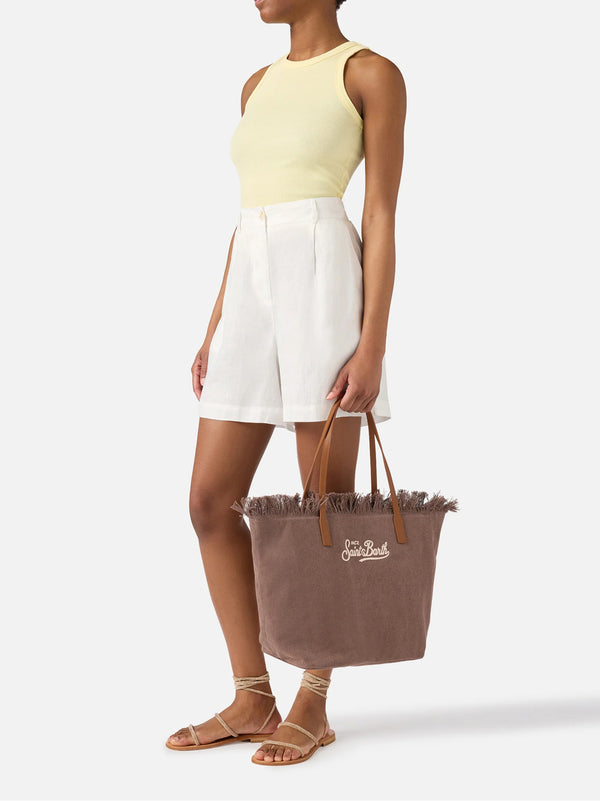 Borsa City Regular In Canvas Marrone Con Frange-2