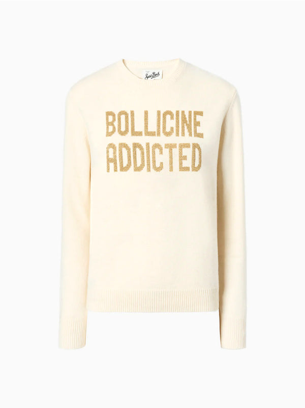 Saint Barth Maglione New Queen In Misto Cashmere Bianco Con Jacquard Lurex Bollicine Addicted