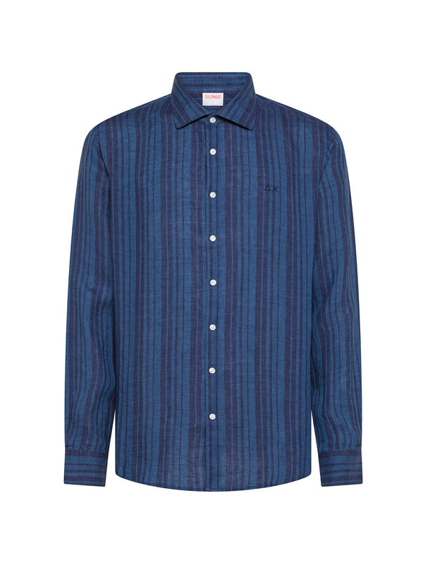Sun68 Camicia Lino Rigata Navy Blue/Avio Scuro
