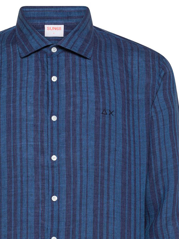 Sun68 Camicia Lino Rigata Navy Blue/Avio Scuro-2