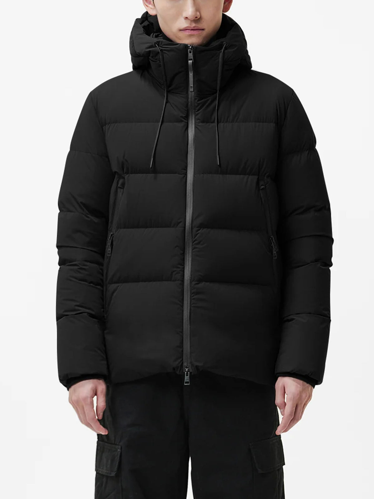Piumino Corto Packable In Tessuto Tecnico Bi-Stretch Con Cappuccio Nero-3