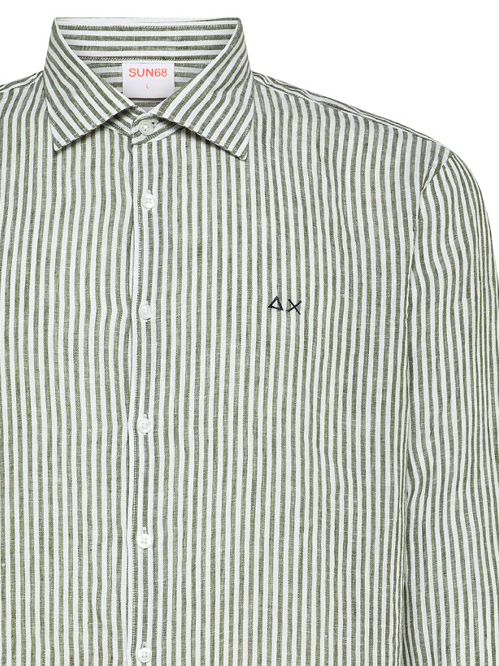 Sun68 Camicia Lino Rigata Verde Scuro/Bianco-2