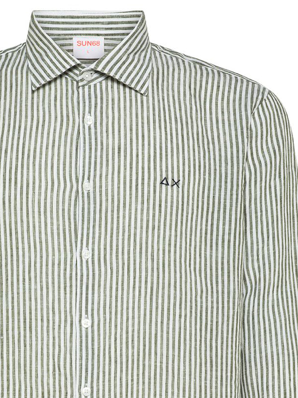 Sun68 Camicia Lino Rigata Verde Scuro/Bianco-2