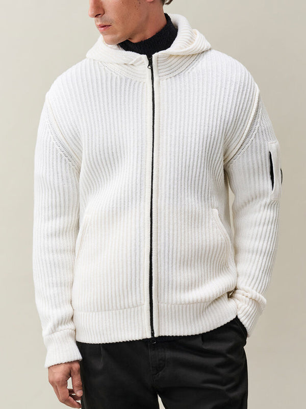 Cp Company Maglione Con Cappuccio In Lana D Agnello Con Zip E Lente Gauze White-2