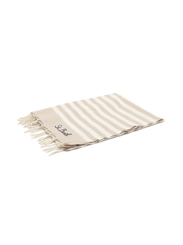 Telo Mare In Cotone Fouta Con Stampa A Righe Beige-2