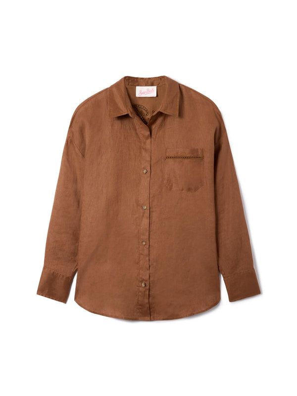 Camicia Cristal In Lino Marrone Con Ricamo Saint Barth Traforato