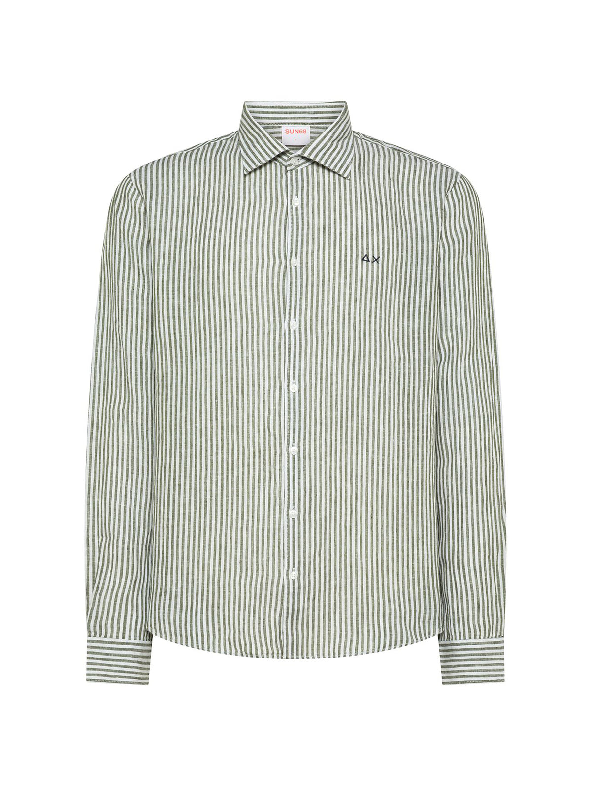 Sun68 Camicia Lino Rigata Verde Scuro/Bianco-1