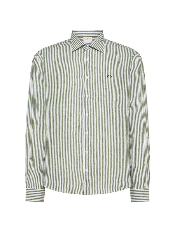 Sun68 Camicia Lino Rigata Verde Scuro/Bianco