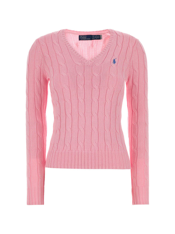 Maglia In Cotone A Trecce Con Scollo A V Rosa