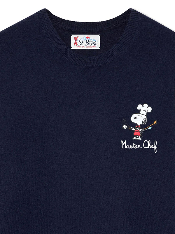 Saint Barth Maglia Girocollo Blu Navy  Misto Lana E Cashmere Ricamo Snoopy Master Chef-2