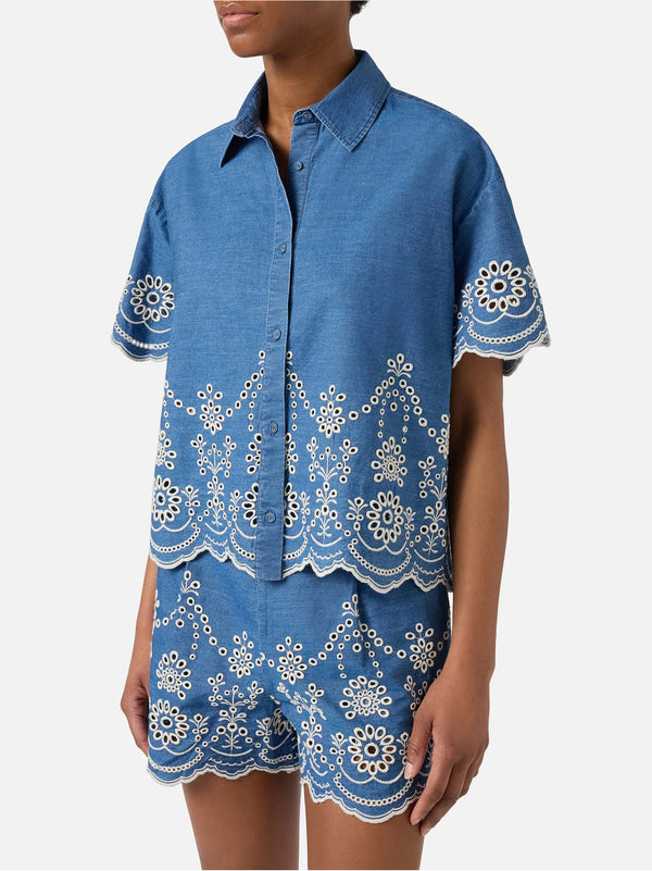Saint Barth Camicia Clementine In Chambray Con Ricamo Floreale-2