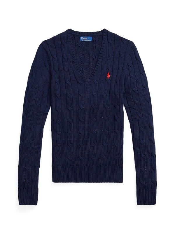 Maglia In Cotone A Trecce Con Scollo A V Blu