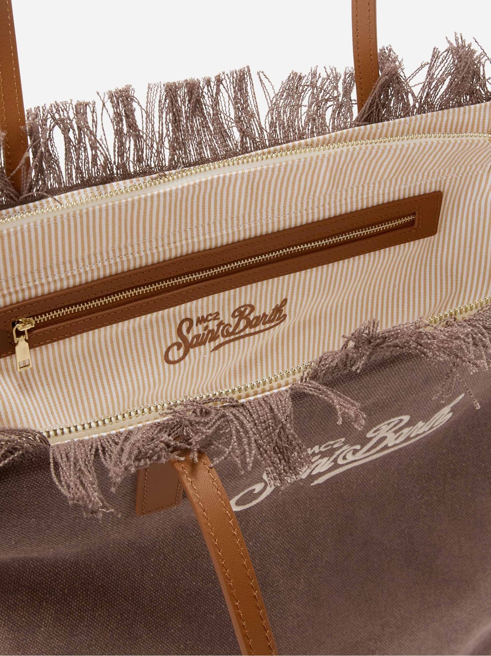 Borsa City Regular In Canvas Marrone Con Frange-3
