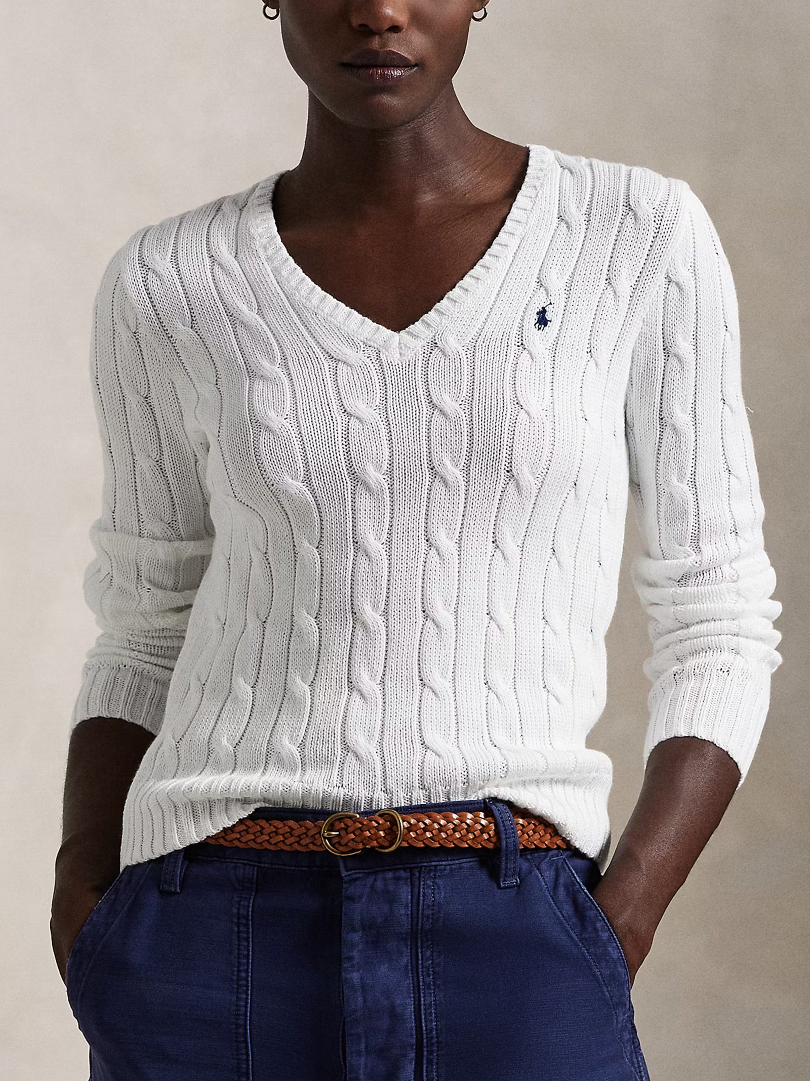 Maglia In Cotone A Trecce Con Scollo A V Bianca-2