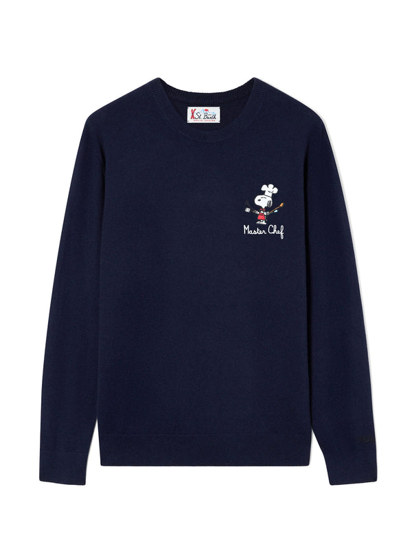 Saint Barth Maglia Girocollo Blu Navy  Misto Lana E Cashmere Ricamo Snoopy Master Chef