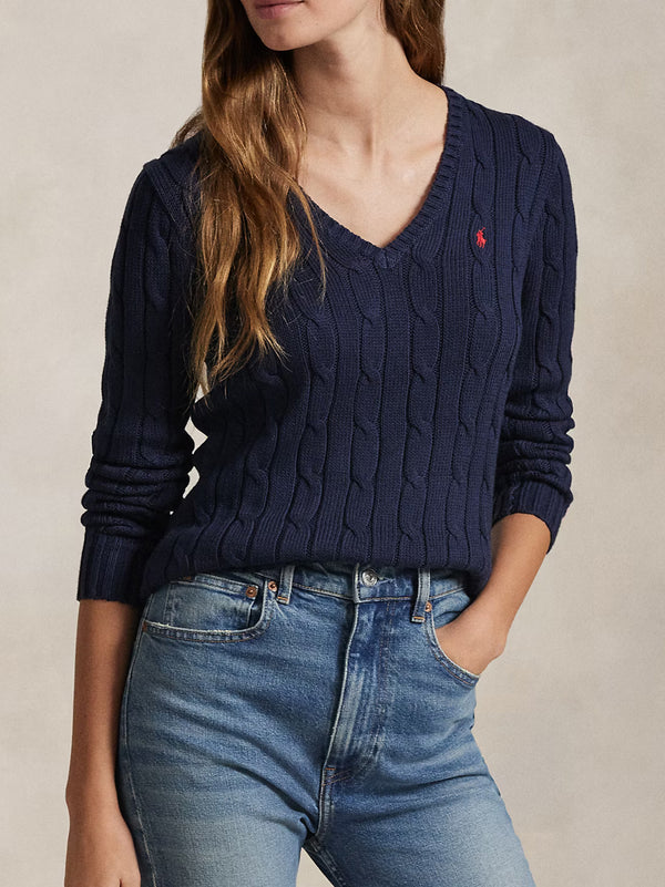 Maglia In Cotone A Trecce Con Scollo A V Blu-2