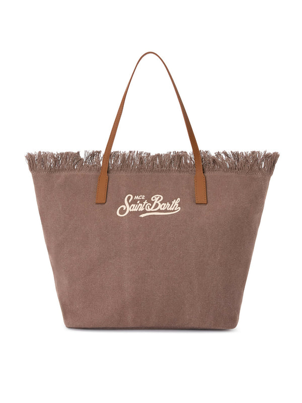 Borsa City Regular In Canvas Marrone Con Frange