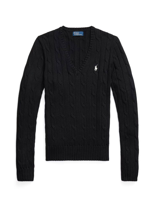 Maglia In Cotone A Trecce Con Scollo A V Nera