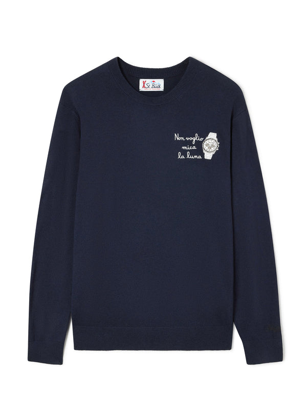 Saint Barth Maglia Girocollo Heron Ricamo Non Voglio Mica La Luna Blu