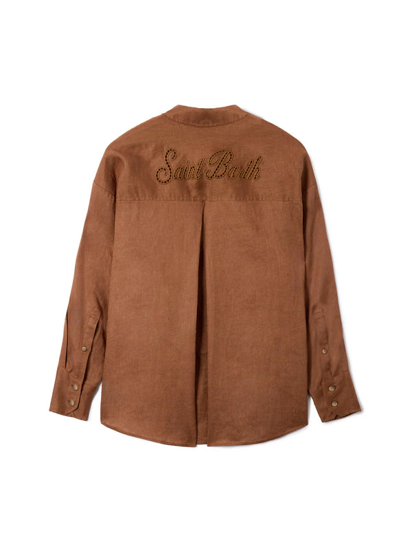 Camicia Cristal In Lino Marrone Con Ricamo Saint Barth Traforato-2